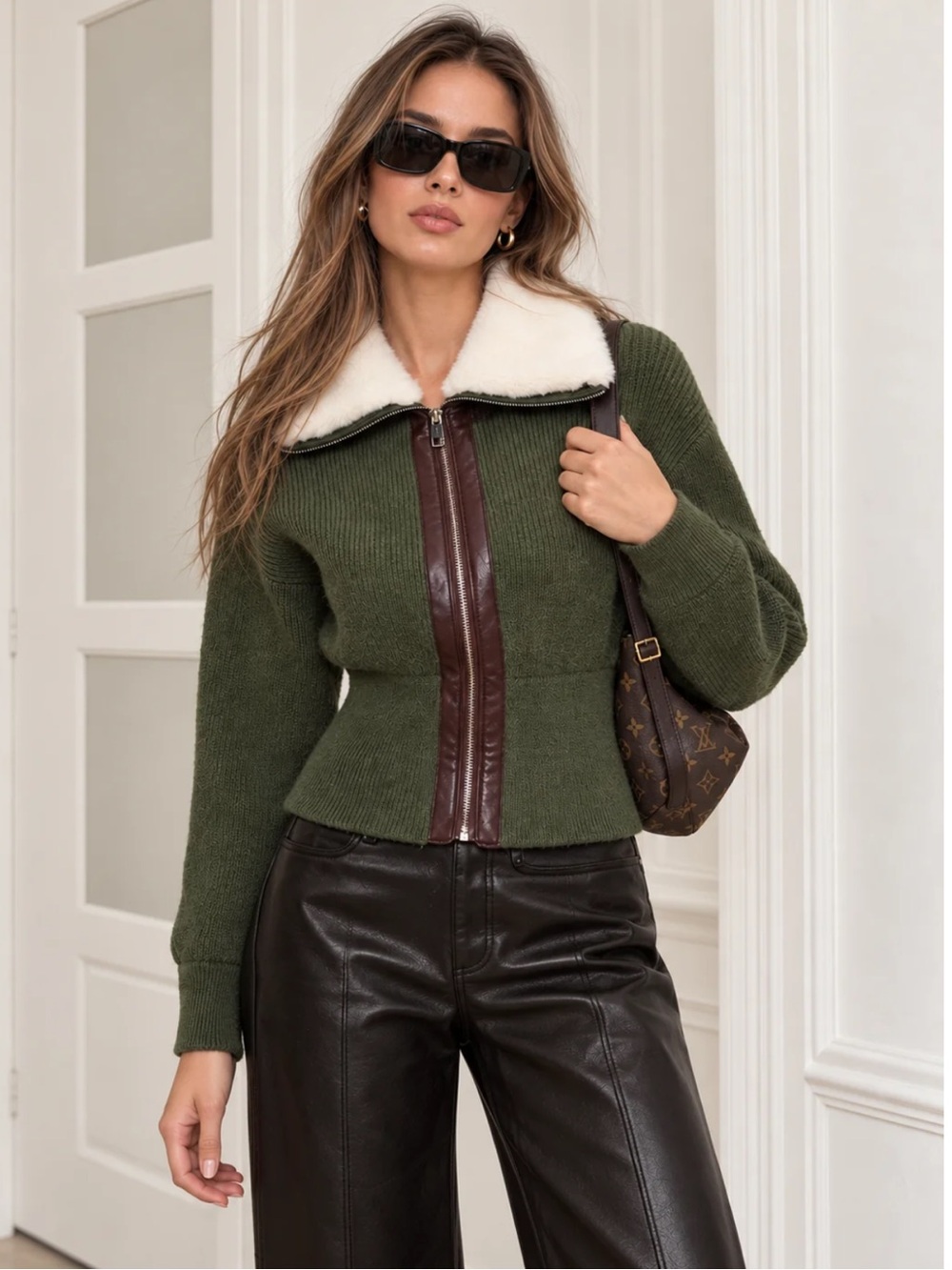 Commense Olive Knit Zip-Front Jacket with Contrast Collar Small